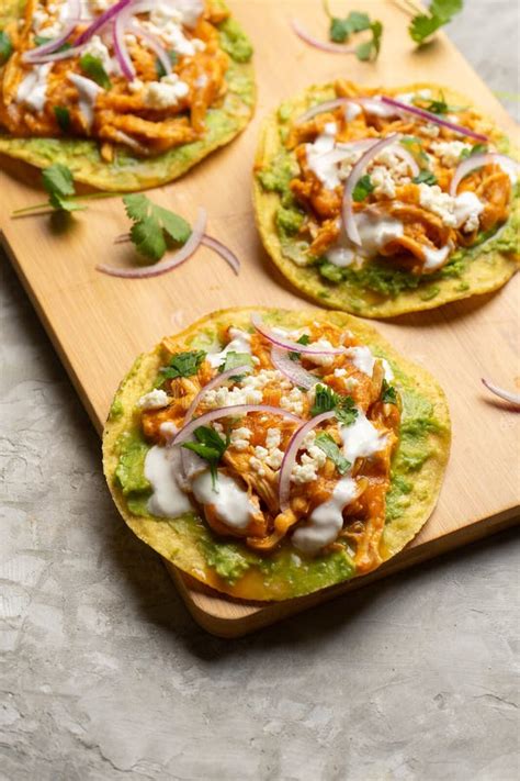 Chicken Tinga Tostadas With Cheese And Avocado Mexican Food Stock