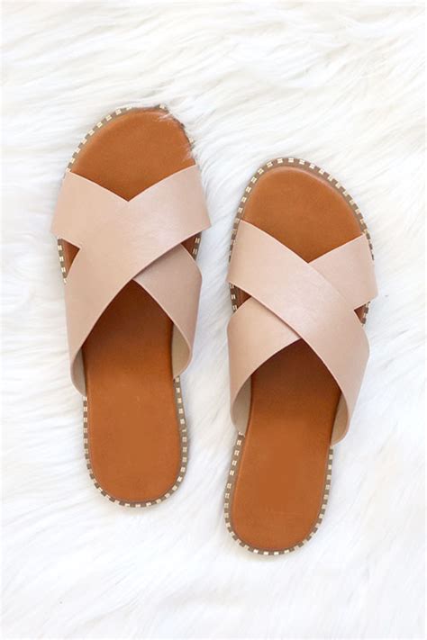 X Cross Band Gold Trim Sandals Slides Natural Nude