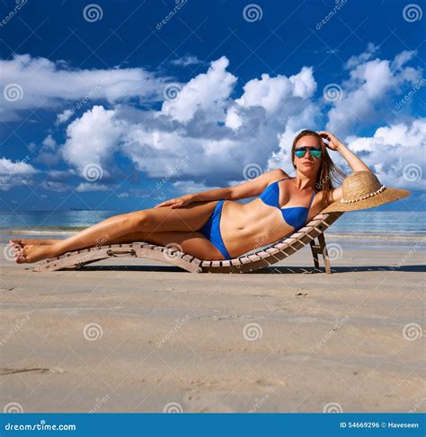 Woman In Bikini Lying On Beach At Seychelles Stock Photo Image Of