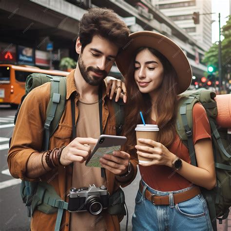 Premium AI Image | Backpackers couple Plan Routes via Smartphone