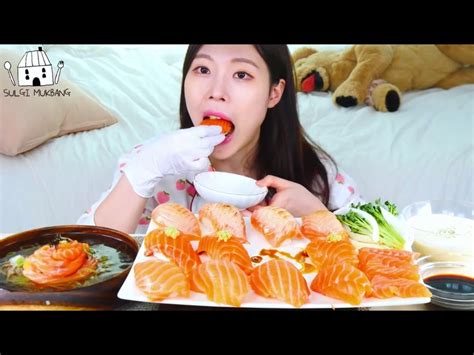 Asmr Mukbang Salmon Party Sushi Sashimi Smoked Noodles Soy Sauce