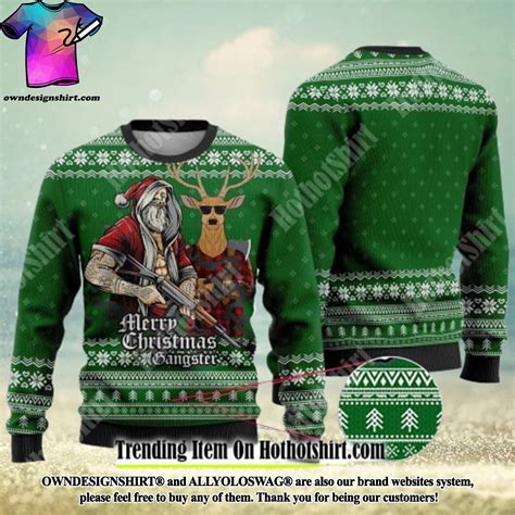 [the Best Selling] Tattooed Santa And Reindeer Green Ugly Christmas Sweater