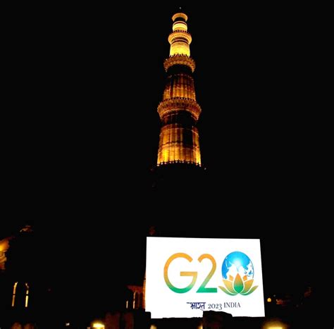 :New Delhi:The logo of G20 summit 2023 display in front of Illuminated ...