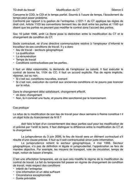 TD travail 5 TD droit du travail Modification du CT Séance 5 Concerne