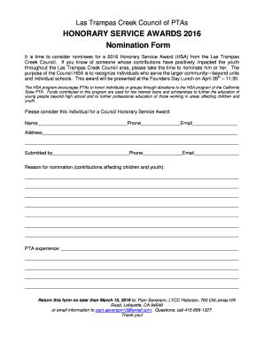 Fillable Online Honorary Service Awards Nomination Form Fax Email