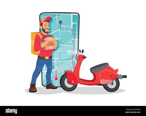 Food Delivery Man With Scooter Holding Fast Food Box On Mobile Phone