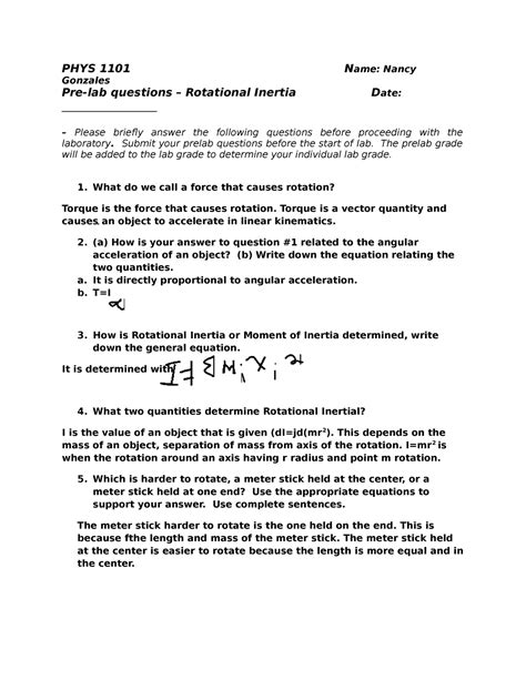 Pre Lab Physics Rotational Inertia Ng Phys Name Nancy Gonzales