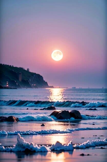 Una luna llena sobre el océano con un cielo rosa y el mar de fondo