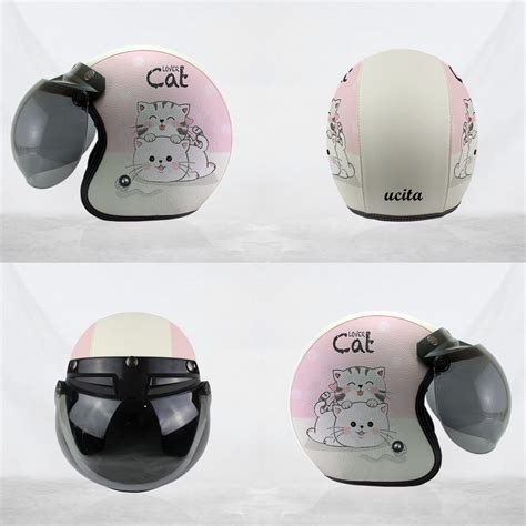 Jual Helm Bogo Retro Motif Cat Lover Pink Putih Helem Sni Cewek Wanita