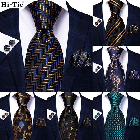 Hi Tie Navy Blue Gold Striped Paisley Silk Wedding Nicktie For Men