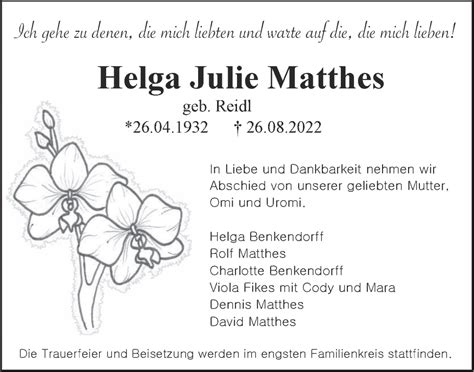 Traueranzeigen Von Helga Julie Matthes S Dwest Presse Trauer