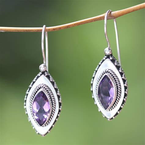 Sterling Silver Amethyst Drop Earrings Diamond Sparkle NOVICA