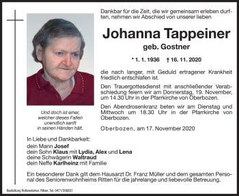 Traueranzeigen Von Johanna Tappeiner Trauer Bz