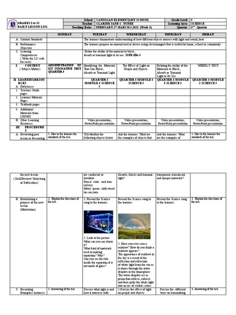 Dll Week 3 Science Q3 Pdf Rainbow Light