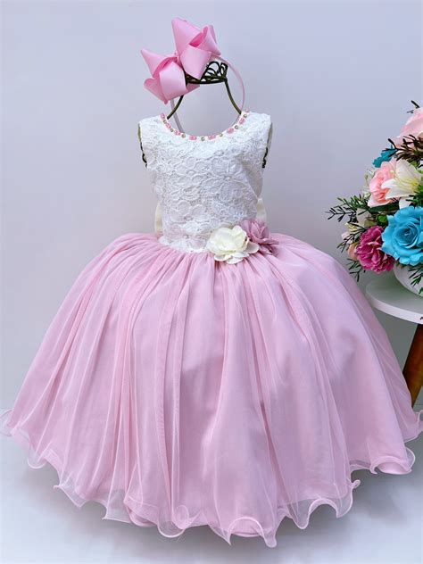 Vestido Infantil Marfim Saia Rosa Aplique Flores Pérolas Rosa