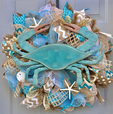 Blue Crab Beach Burlap Deco Mesh Wreath Seashell Wreath Beach Wreath