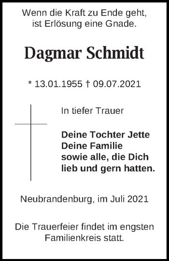 Traueranzeigen Von Dagmar Schmidt Trauer Nordkurier