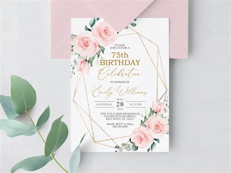 Blush Pink Flowers And Gold Frame 75th Birthday Invitation Etsy