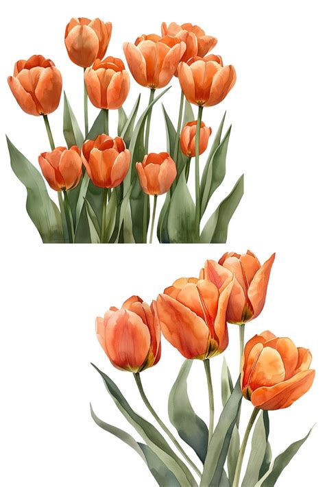 Watercolor Orange Tulips Clipart Pack Pngs Beautiful Summer Spring