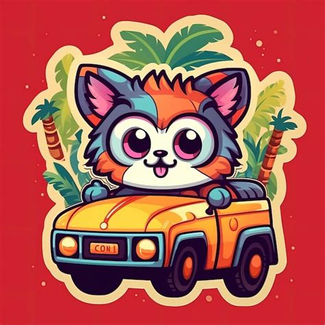 Lindo Gato De Dibujos Animados Conduciendo Un Coche Foto Premium