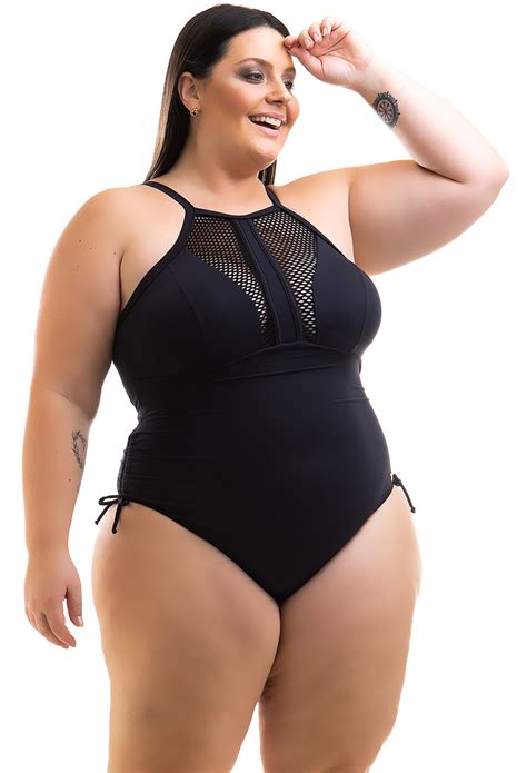 Plus Size Black High Neck Swimsuit With Openwork Swimsuit Cleya Preto