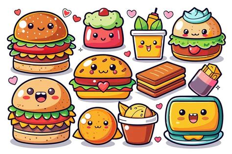 Cute Cartoon Fast Food Icons Including Burgers Fries Desserts And