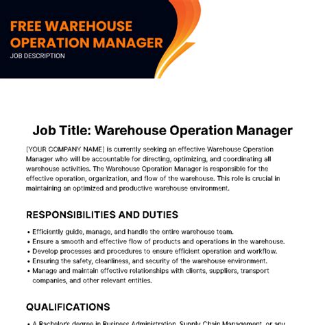 Free Warehouse Operation Manager Job Description Template Edit Online And Download