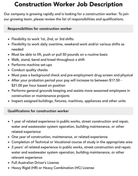 Construction Worker Job Description Velvet Jobs