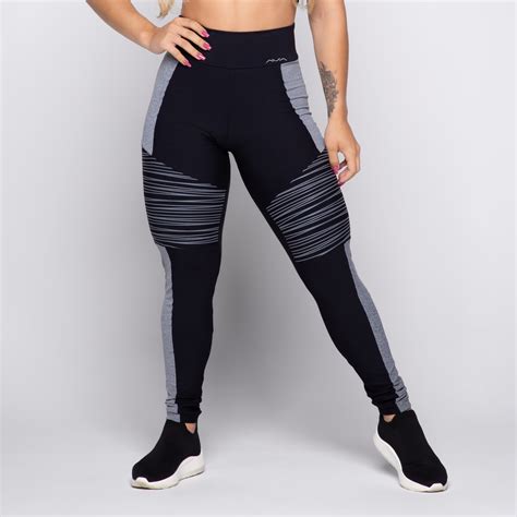 Calça Legging Suplex Poliamiada Preta Cinza Mescla Ava Fitness