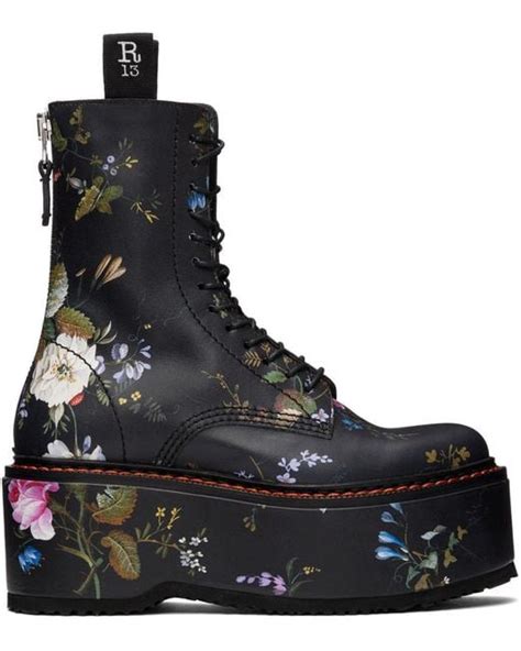 R13 Canvas Floral Double Stack Platform Lace Up Boots In Black Lyst