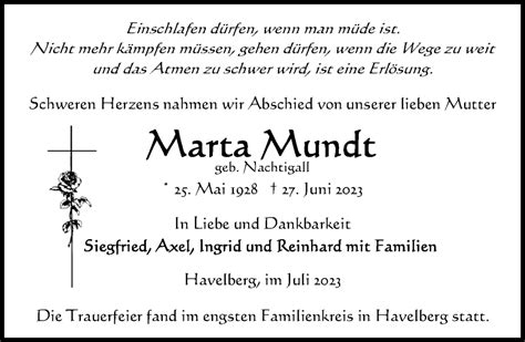 Traueranzeigen Von Marta Mundt Trauer Anzeigen De