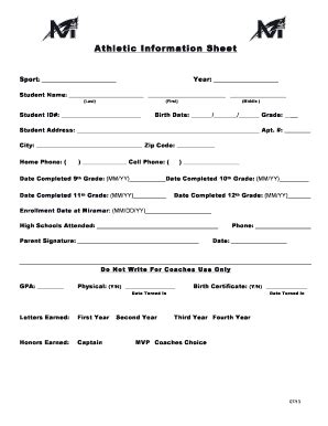 Fillable Online Athletic Information Sheet Miramar High School Fax