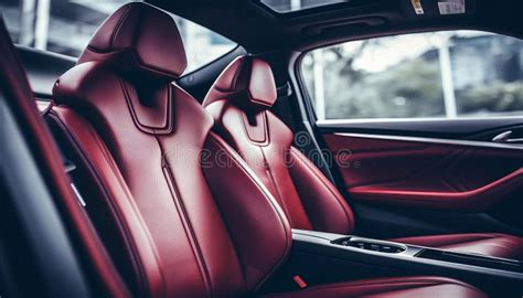 front leather red seats  modern luxury car close  stock