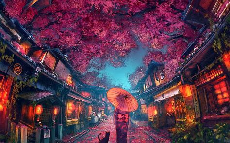 Anime Street Festival Anime Girl Yukata Umbrella Scenic Trees For