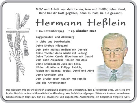 Traueranzeigen Von Hermann He Lein Trauer Nn De