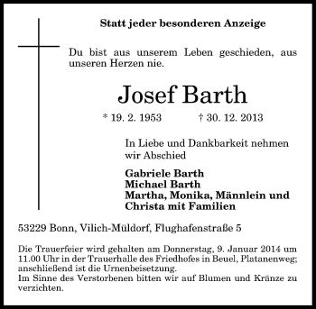 Traueranzeigen Von Josef Barth GA Trauer De