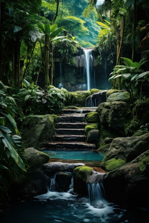 Lush tropical jungle with cascading waterfall 29382390 Stock Photo at ...