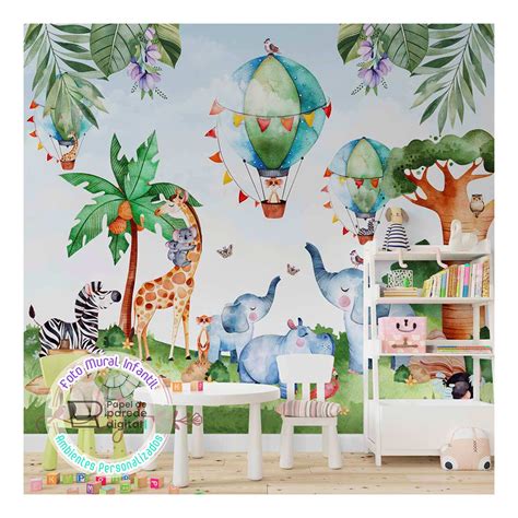 Papel De Parede Foto Mural Infantil Safari Animais Estilo Aquarela