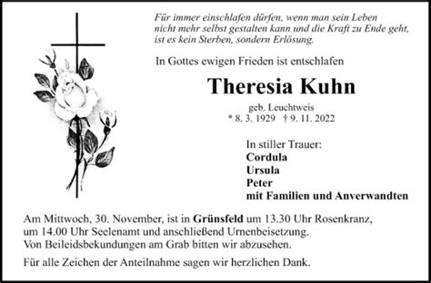 Traueranzeigen Von Theresia Kuhn Trauerportal Ihrer Tageszeitung