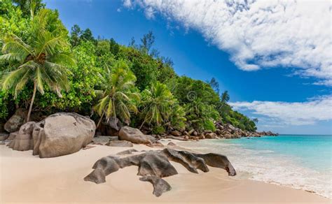 Panorama Of Beach Anse Georgette Praslin Seychelles Stock Image