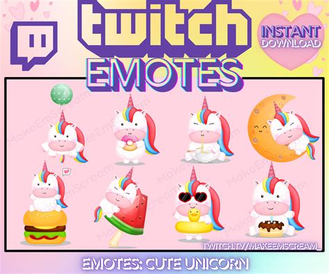 Cute Unicorn Twitch Emotes 8 Pack Kawaii Twitch Emotes Etsy