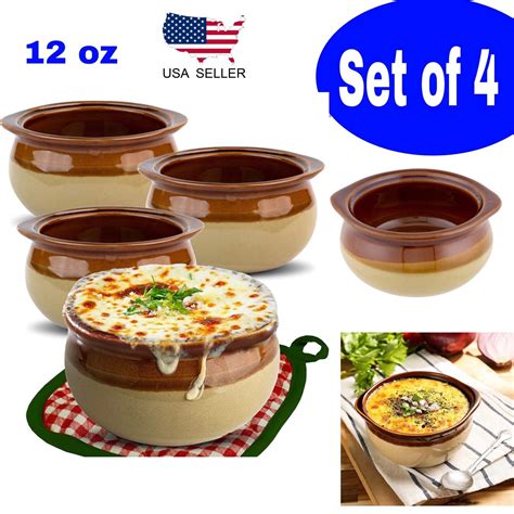 Set Of 4 French Onion Soup Crocks 12 Oz Brown Ivory Ceramic Porcelain