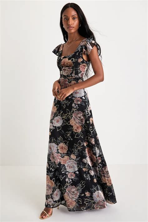 Black Floral Maxi Dress Velvet Burnout Dress Backless Dress Lulus