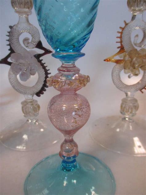 An Early 20th Century Venetian Tall Blue Wine Glass Together With Four Other Glasses 5 In