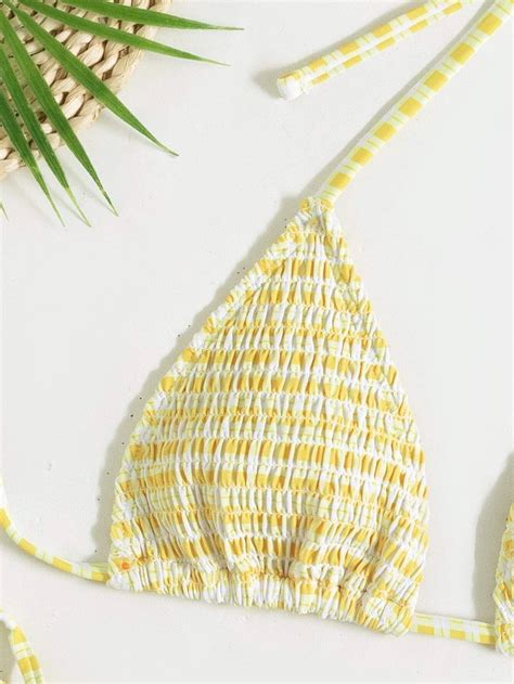 Bañador bikini de guingán Smocked triángulo con cordón lateral Amarillo