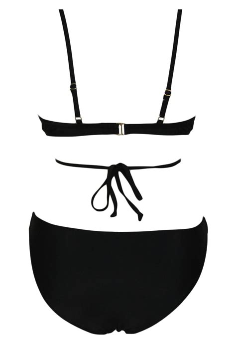 Sexy Spaghetti Strap Cage Designed Solid Black Bandeau Bikini Set