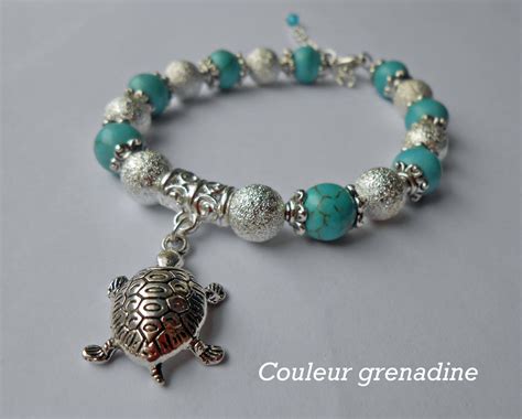 Bracelet Perles Turquoises Breloque Tortue Argent Tibétain Bracelet Par Couleur Grenadine33