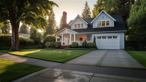 Beautiful Suburban Home With A Driveway Lined With Lush Green