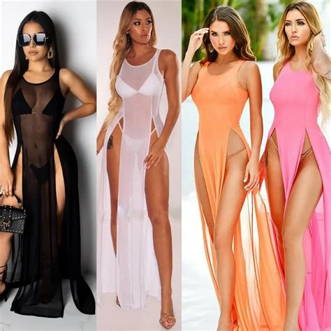 Women Sexy Mesh Sheer Long Dress See Through Bikini Cover Up Beach