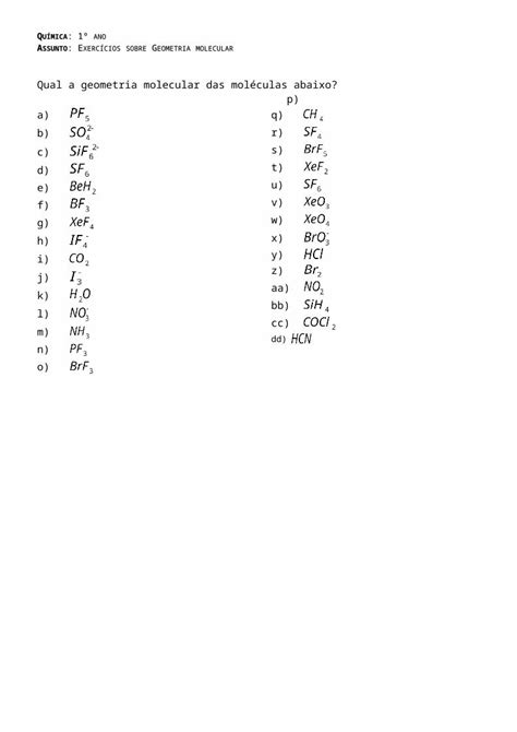 DOC Geometria Molecular Exercicios DOKUMEN TIPS